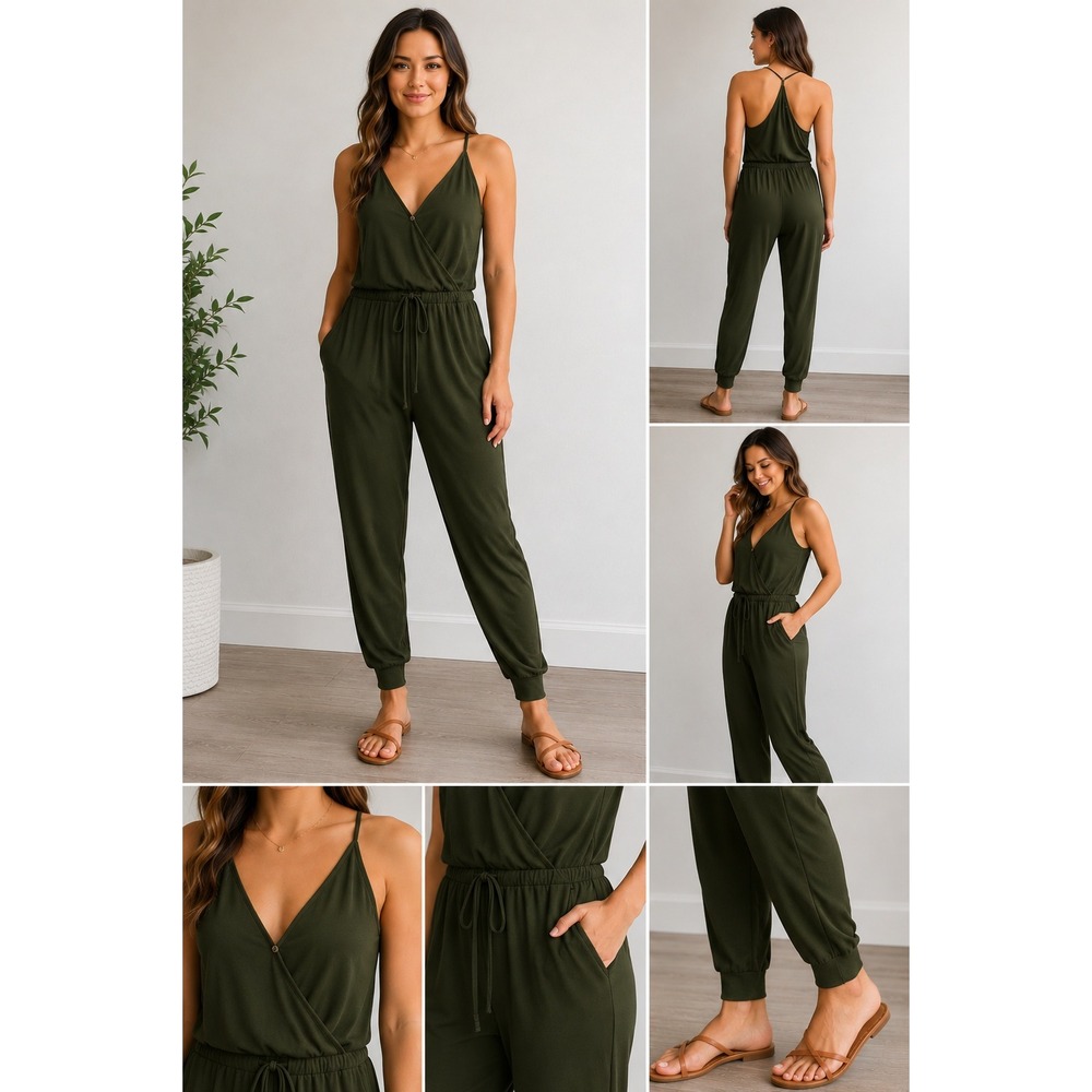 PrettyGarden Olive Green Surplice V-Neck Sleeveless Jogger Jumpsuit Medium